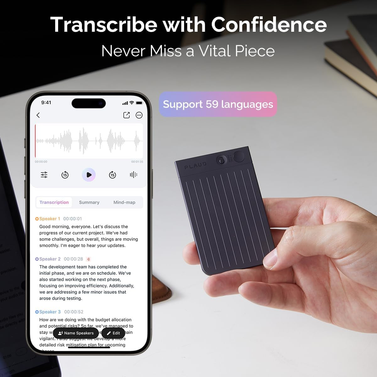 AI Voice Recorder, Note Voice Recorder W/Case, App Control, Transcribe & Summarize Empowered by Chatgpt, Support 59 Languages, 64GB Memory, Audio Recorder for Lectures, Meetings, Calls, Black