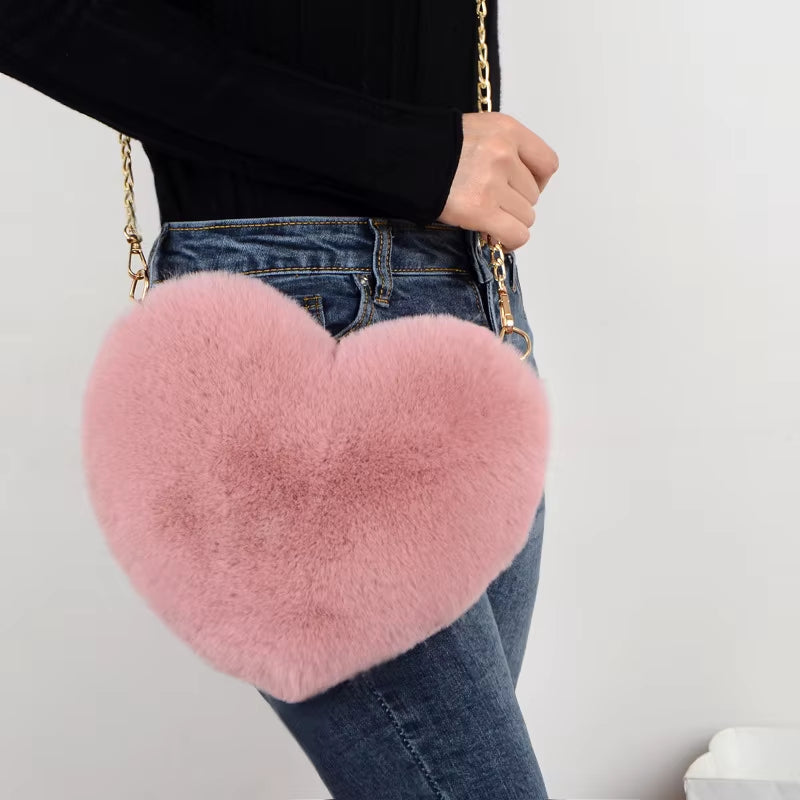 Fashion Women'S Heart Shaped Handbags Cute Faux Fur Crossbody Bags Lady Soft Plush Chain Shoulder Bag Shopper Totes