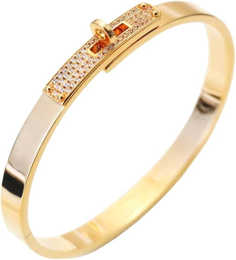 18K Gold Plated Turn Lock Bracelet with Cubic Zirconia,Classical Fashion Stainless Steel Bangle Bracelet for Men and Womens