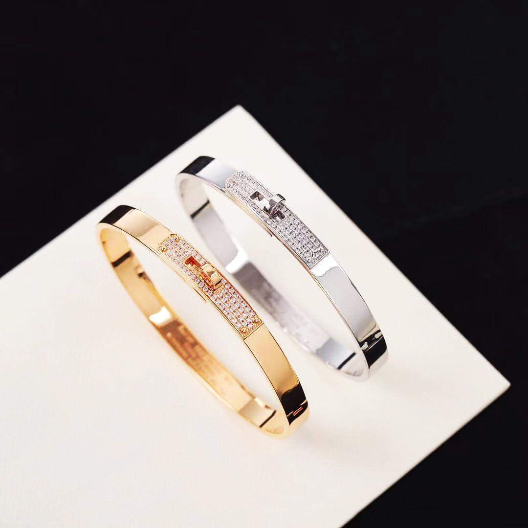 18K Gold Plated Turn Lock Bracelet with Cubic Zirconia,Classical Fashion Stainless Steel Bangle Bracelet for Men and Womens