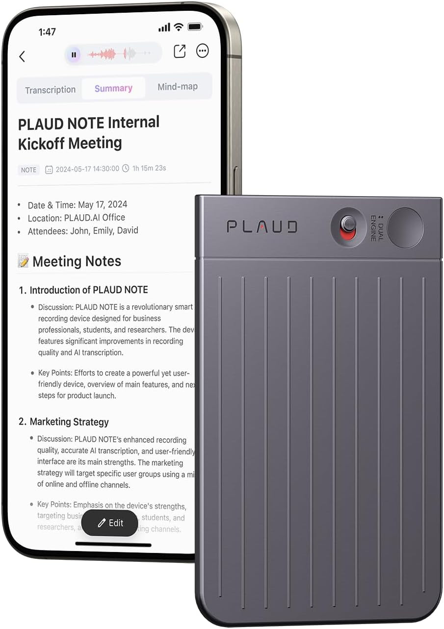 AI Voice Recorder, Note Voice Recorder W/Case, App Control, Transcribe & Summarize Empowered by Chatgpt, Support 59 Languages, 64GB Memory, Audio Recorder for Lectures, Meetings, Calls, Black