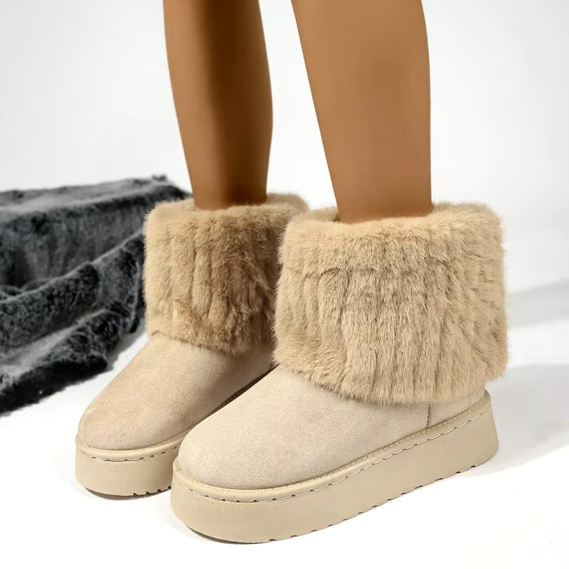 Shoes for Women Winter Slip on Women'S Boots Black round Toe Solid Flock Plush Warm Mid Heel Water Proof Casual Snow Boots Women