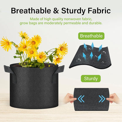 Plant Grow Bags 5 Gallon, Tomoato Planter Pots 5-Pack with Handles, Aeration Nonwoven Fabric, Heavy Duty Gardening Planter for Vegetable, Herbs and Flowers, Black