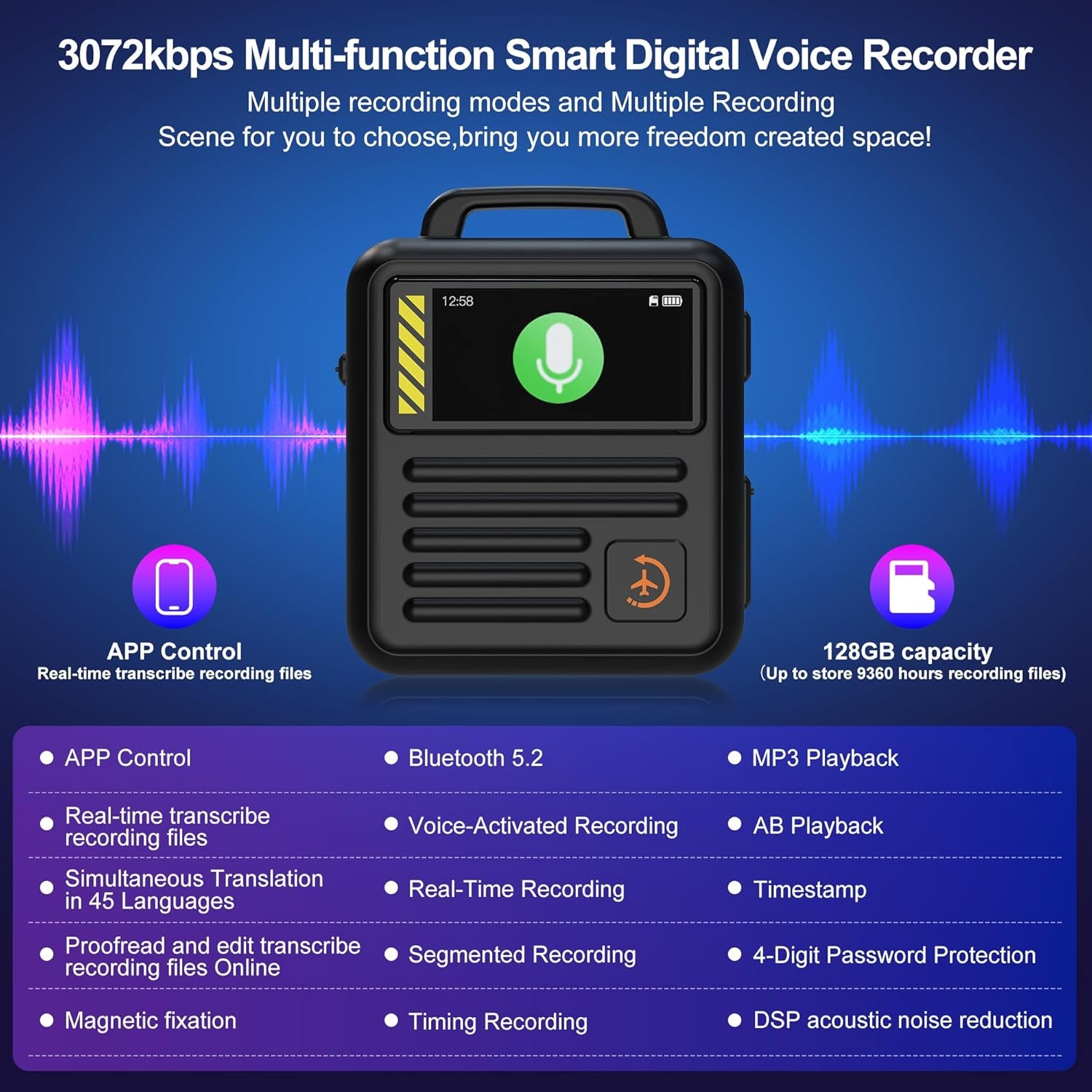 128GB (9360Hours) 3072Kbps Magnetic AI Voice Recorder APP Control,Transcribe,Simultaneous Interpretation Recording Device with Speaker,Dsp Noise Reduction Audio Recorder with Password, Black