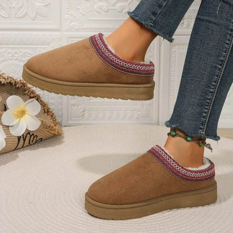 Women Warm Suede Snow Boots Autumn Winter Woman Slip on Platform Boats Close Toe Hair Half Slipper Female Cotton Shoes