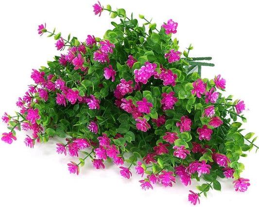 Artificial Flowers Fake Outdoor UV Resistant Boxwood Plants Shrubs 4 Pack, Faux Plastic Greenery for Indoor outside Hanging Planter Home Office Wedding Farmhouse Decor (Fushia)