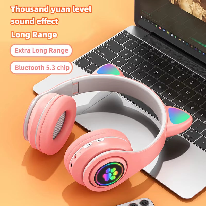 P91H,Cute Cat Ears BT Wireless Headphone Com Mic E Flash Light, Capacete De Música Estéreo LED, Fone De Ouvido Dobrável, Pres