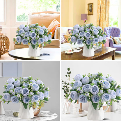 Artificial Flowers, 3PCS Blue Artificial Fake Peony Flower Silk Peonies Faux Flowers Arrangements Table Centerpieces for Wedding Office Party Home Decoration