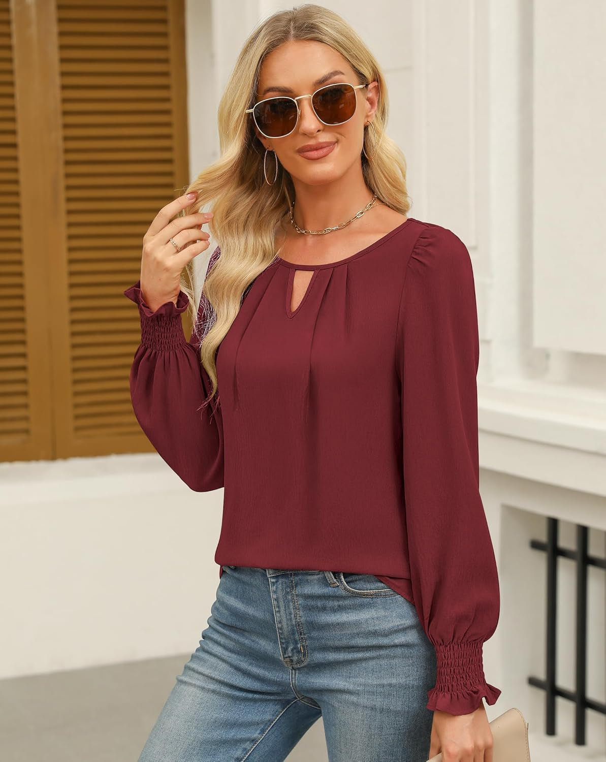 Womens Long Sleeve Tops Dressy Casual Keyhole Blouses Pleated Tops 2024 Trendy Basic Work Shirts