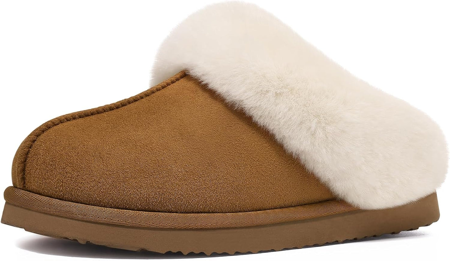 Fuzzy House Slippers for Women Fluffy Memory Foam Suede Slippers with Faux Fur Collar Indoor Outdoor