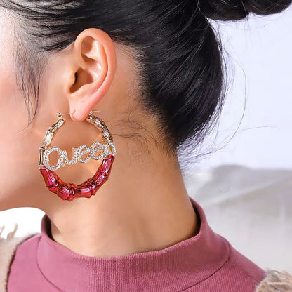 Trendy Big round Circle Bamboo Hoop Earring for Women Statement Golden Queen Babygirl Metal Letter Earrings Punk Jewelry