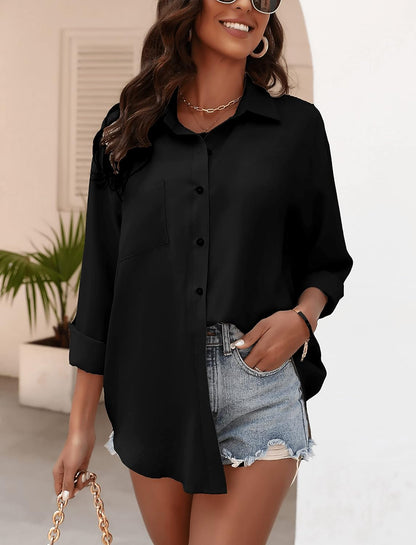 Womens Button down Collared Shirts Long Sleeve Blouses Oversized Causal Tops with Pocket