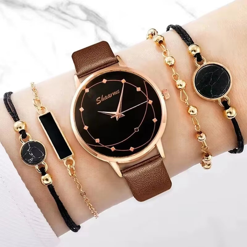 5Pcs Set Women Fashion Watch Casual Leather Belt Watches Ladies Starry Sky Dial Quartz Wristwatches Dress Clock Reloj Mujer