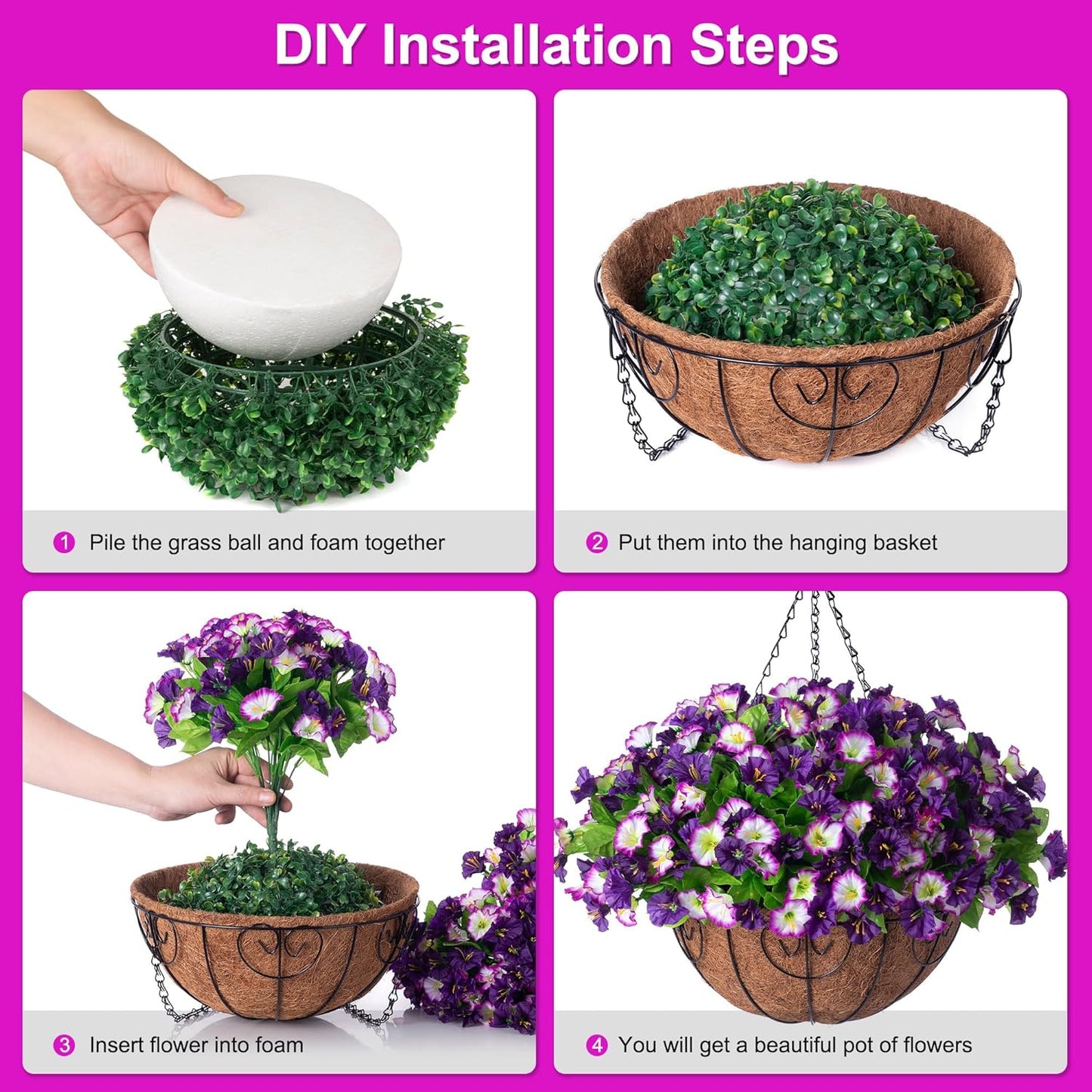 Artificial Hanging Flowers 12 Inch Basket, Faux Silk Petunias Flower Arrangement,Coconut Lining Pot Planter with Morning Glories Patio Garden Porch Deck Spring Summer Decor(Purple Edge)