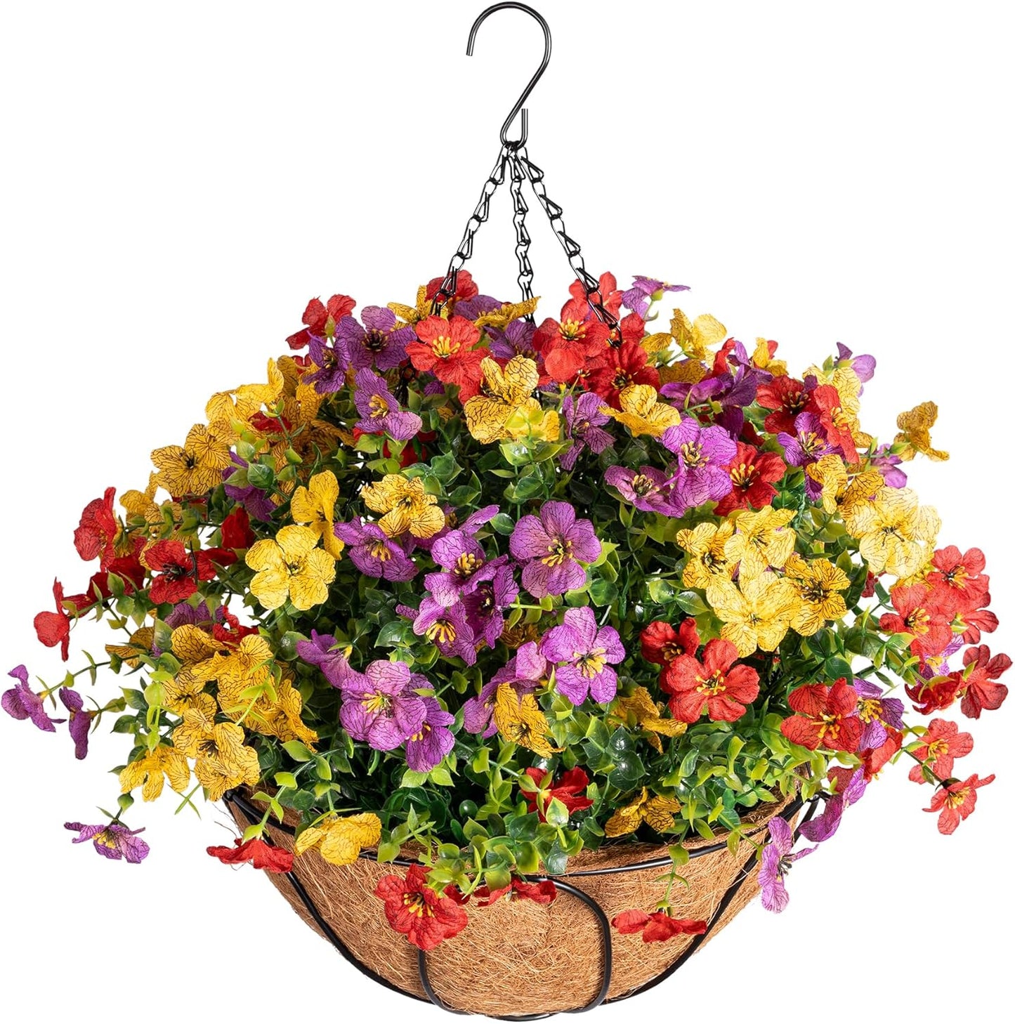 Faux Mums Fall Hanging Basket for Outdoors - UV Resistant Silk Mums Artificial Flowers Outdoor, Look Real Fake Hanging Mums Fall Hanging Baskets, Faux Hanging Plants outside for Patio, Porch Decor