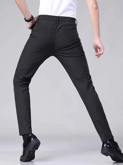 Men'S Casual Pants, Semi Elastic Waistband, Nylon Ice Silk Elastic Straight Tube, Light Gray, Business Gentleman, Summer Casual