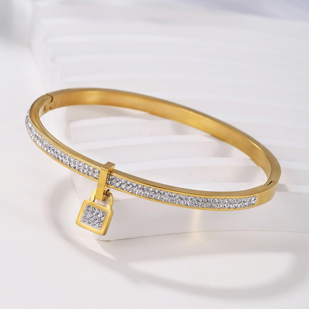 Gold Bangle for Women - 18K Gold Plated Stainless Steel Love Friendship Crystal Bracelets with Cubic Zirconia