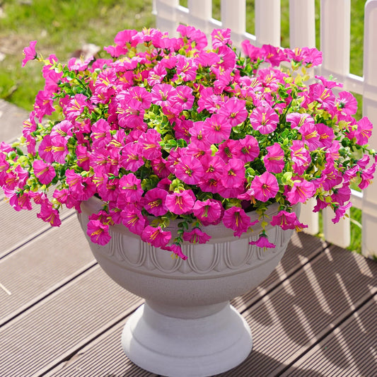 Artificial Fake Outdoor Plants Flowers for Spring Summer Decoration, 12 Bundles Faux Silk UV Sun Resistant Realistic Morning Glory Fuchsia for Home outside Planter Pot Porch Garden Patio