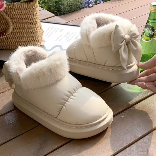 Cute Warm Ankle Boots Winter Women'S Bow Warmth Plush Bow Cotton Shoes 2024 New Waterproof down Cloth Short Barrel Snow Boots