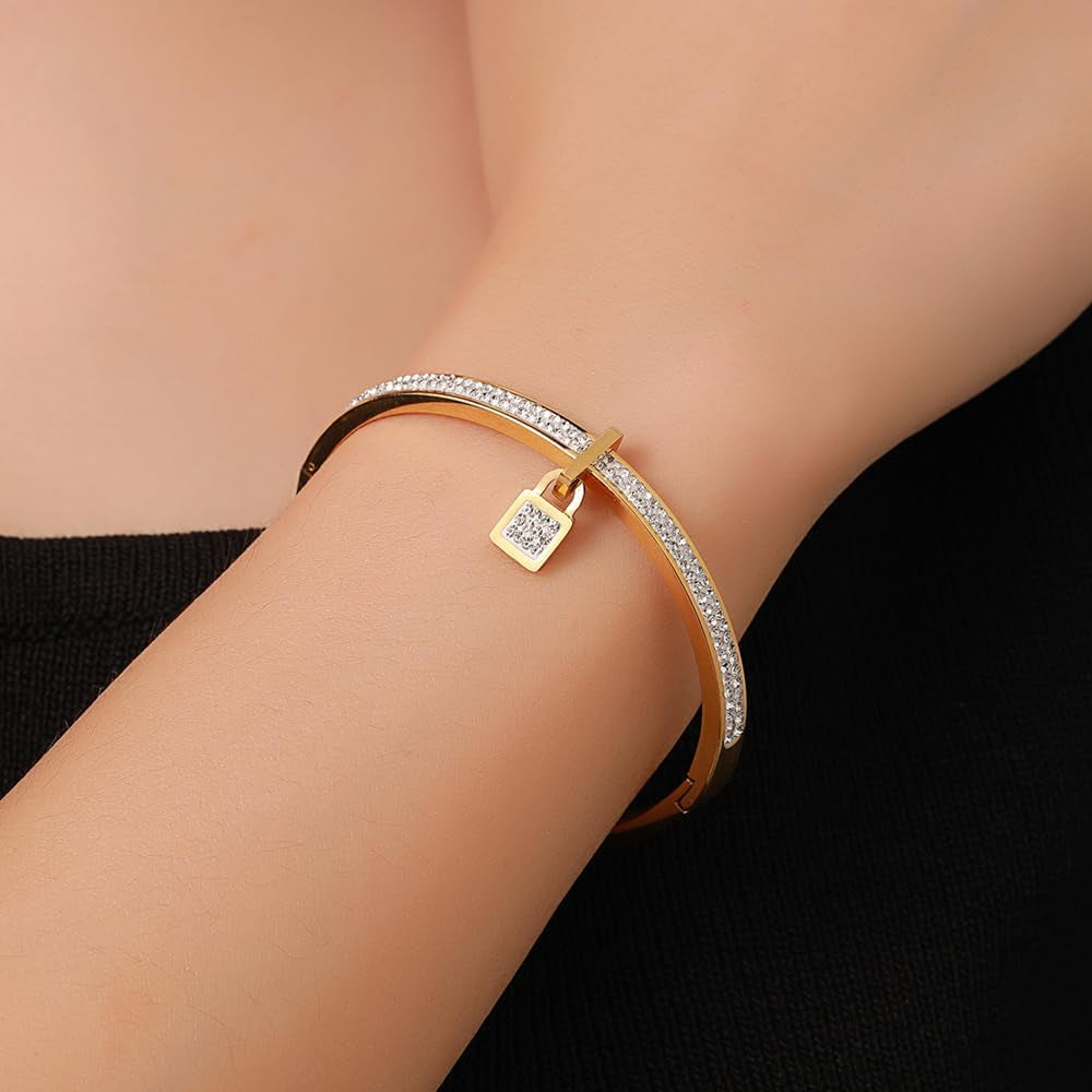 Gold Bangle for Women - 18K Gold Plated Stainless Steel Love Friendship Crystal Bracelets with Cubic Zirconia