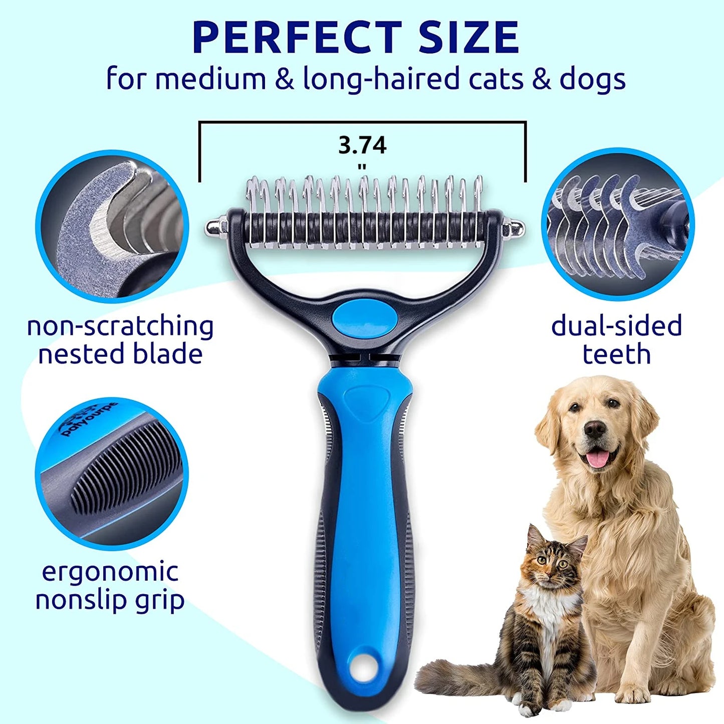 Pet Deshedding Brush - Double-Sided Undercoat Rake for Dogs & Cats - Shedding Comb and Dematting Tool for Grooming, Extra Wide