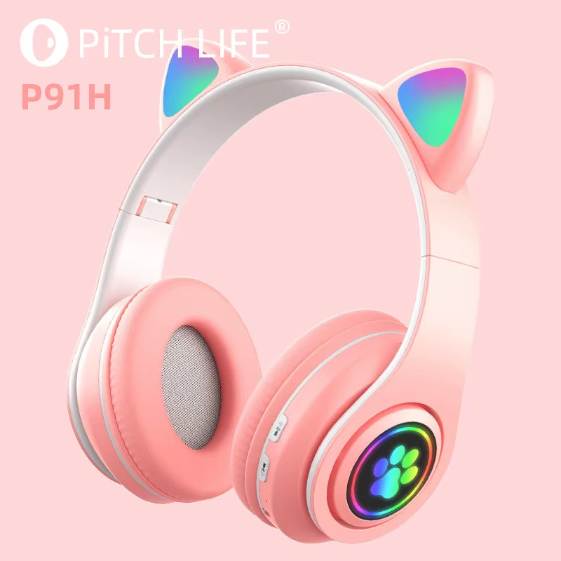 P91H,Cute Cat Ears BT Wireless Headphone Com Mic E Flash Light, Capacete De Música Estéreo LED, Fone De Ouvido Dobrável, Pres