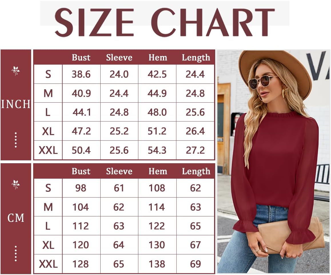 Womens Blouses Trendy Dressy Casual Tops Elegant Puff Long Sleeve Shirts Ruffle Mock Neck Plain Chiffon Outfits