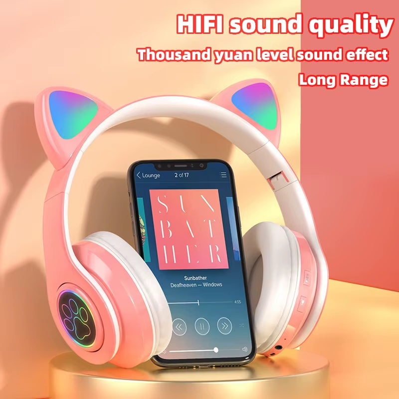 P91H,Cute Cat Ears BT Wireless Headphone Com Mic E Flash Light, Capacete De Música Estéreo LED, Fone De Ouvido Dobrável, Pres