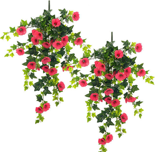 Artificial Petunias for Outdoors Uv Resistant Fake Petunias Plants Hanging Flower Patio Decor outside Basket Realistic Silk Petunias Plant for Window Decor (Rose Red 2Pcs)