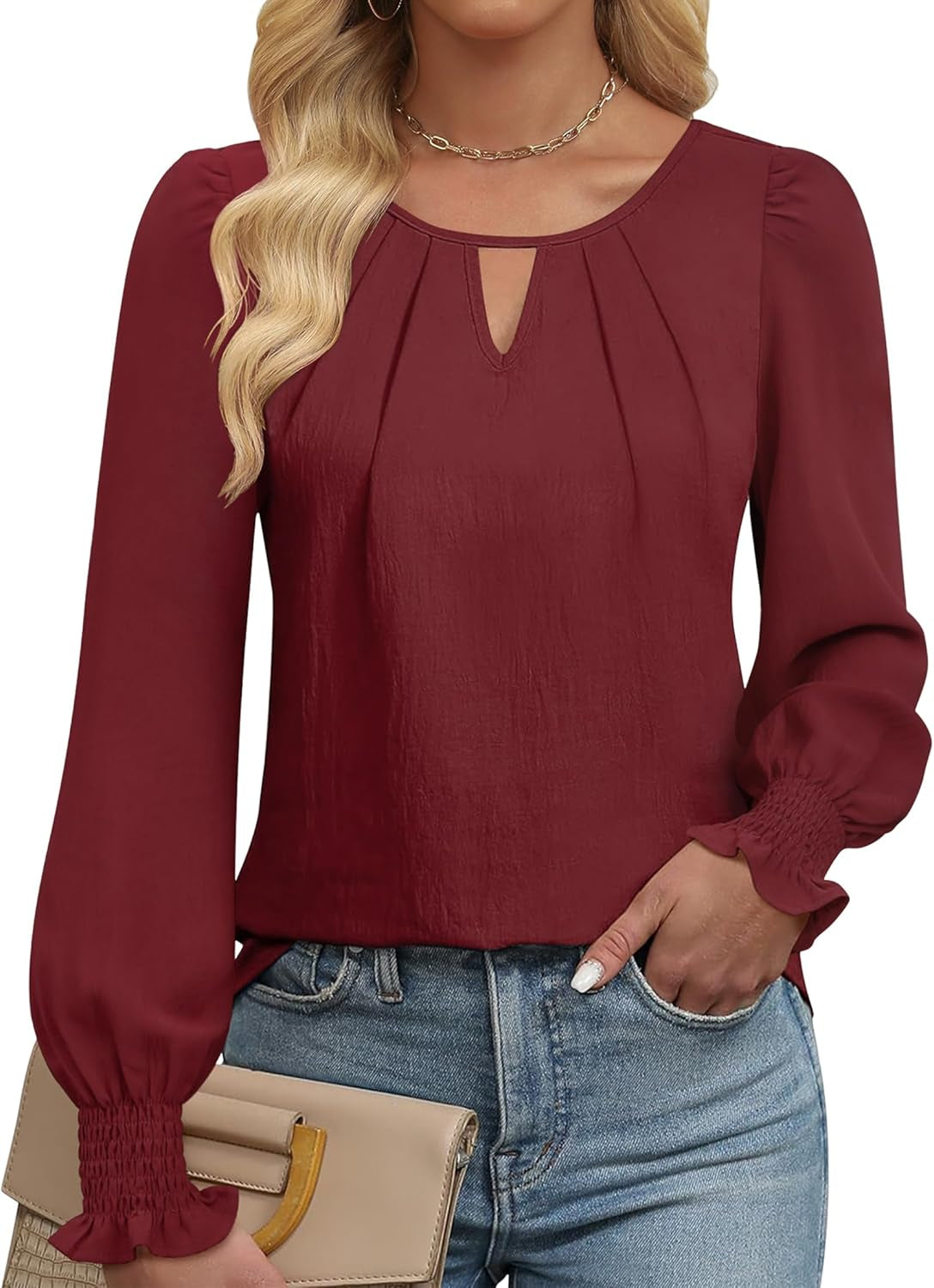 Womens Long Sleeve Tops Dressy Casual Keyhole Blouses Pleated Tops 2024 Trendy Basic Work Shirts