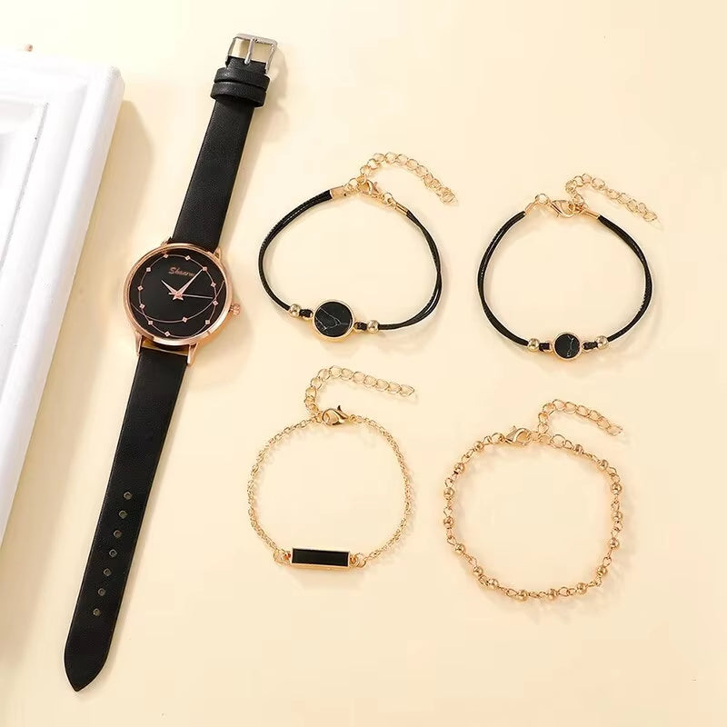 5Pcs Set Women Fashion Watch Casual Leather Belt Watches Ladies Starry Sky Dial Quartz Wristwatches Dress Clock Reloj Mujer