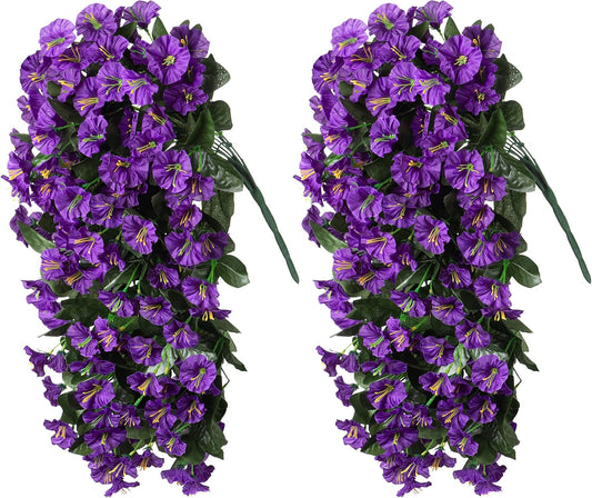 Artificial Fake Hanging Flowers Plants for Outdoor outside Summer Decoration, 2PCS Faux Silk Morning Glory Purple UV Resistant Look Real Trailing Vines for Home Planter Porch Patio