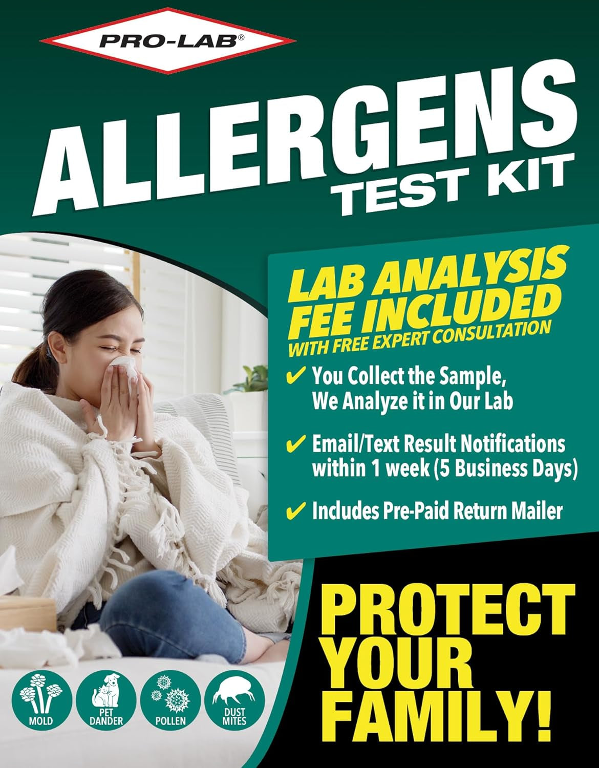 DIY Allergen Test Kit - Test for Mold, Pet Dander, Pollen & Dust Mites. AIHA Accredited Lab Analysis! Lab Fees, Expert Consultation and Return Shipping Included