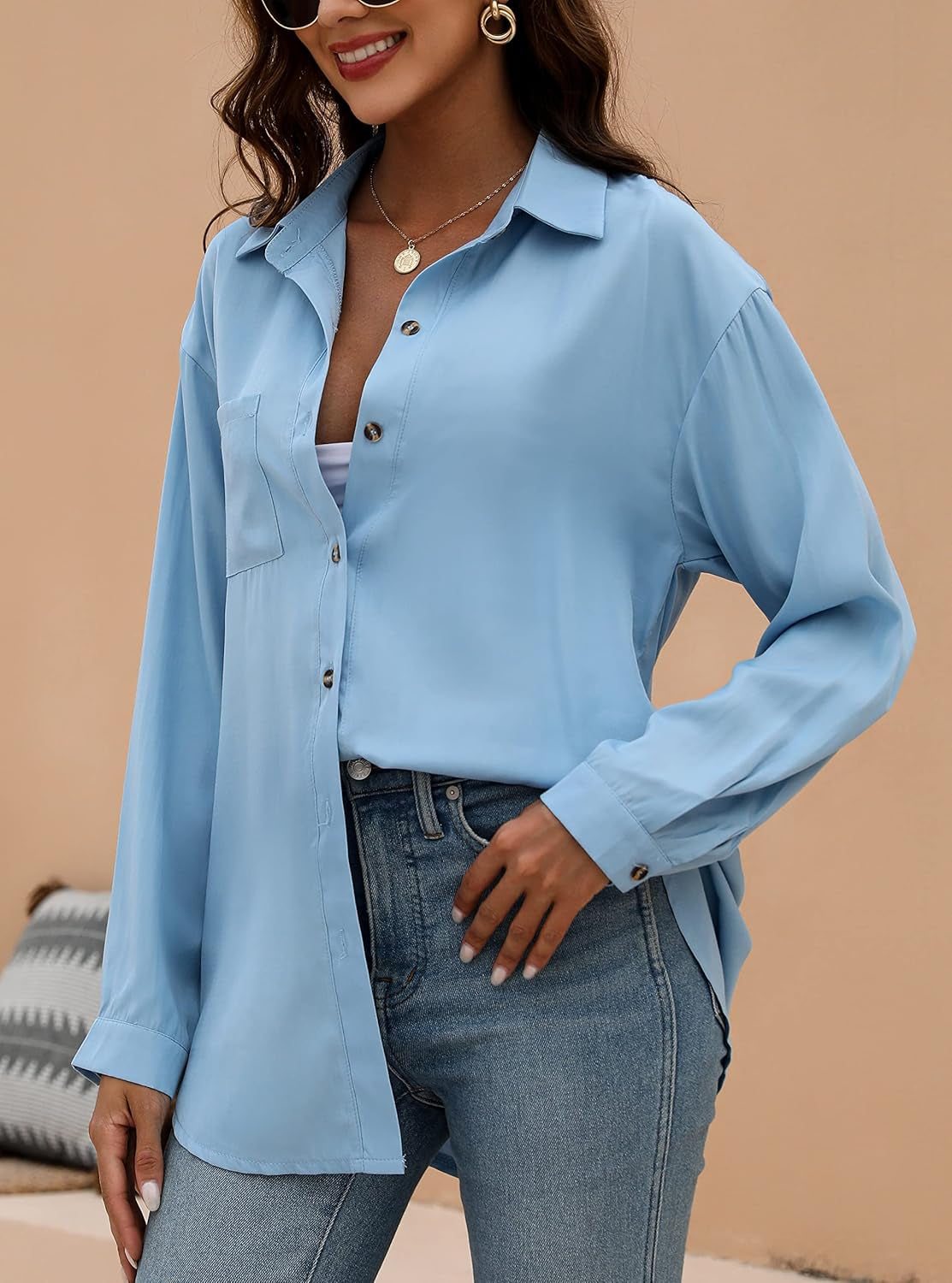 Womens Button down Collared Shirts Long Sleeve Blouses Oversized Causal Tops with Pocket