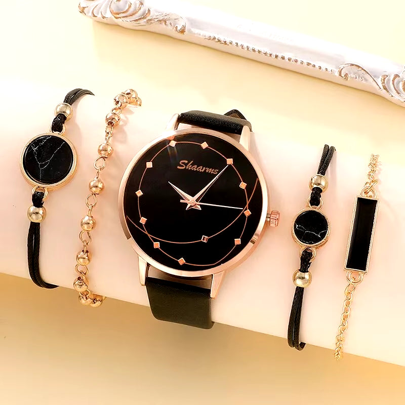 5Pcs Set Women Fashion Watch Casual Leather Belt Watches Ladies Starry Sky Dial Quartz Wristwatches Dress Clock Reloj Mujer