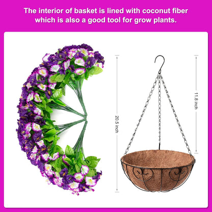 Artificial Hanging Flowers 12 Inch Basket, Faux Silk Petunias Flower Arrangement,Coconut Lining Pot Planter with Morning Glories Patio Garden Porch Deck Spring Summer Decor(Purple Edge)