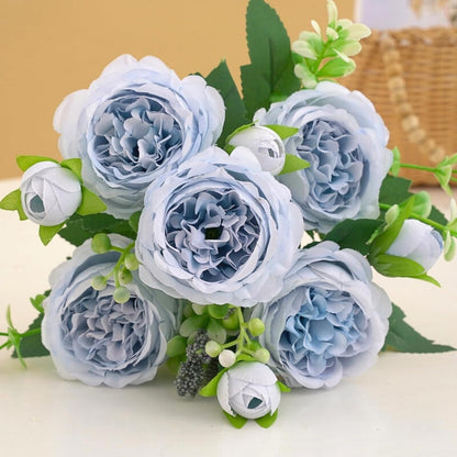 Artificial Flowers, 3PCS Blue Artificial Fake Peony Flower Silk Peonies Faux Flowers Arrangements Table Centerpieces for Wedding Office Party Home Decoration