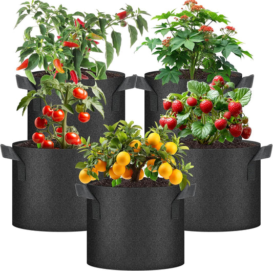 Plant Grow Bags 5 Gallon, Tomoato Planter Pots 5-Pack with Handles, Aeration Nonwoven Fabric, Heavy Duty Gardening Planter for Vegetable, Herbs and Flowers, Black