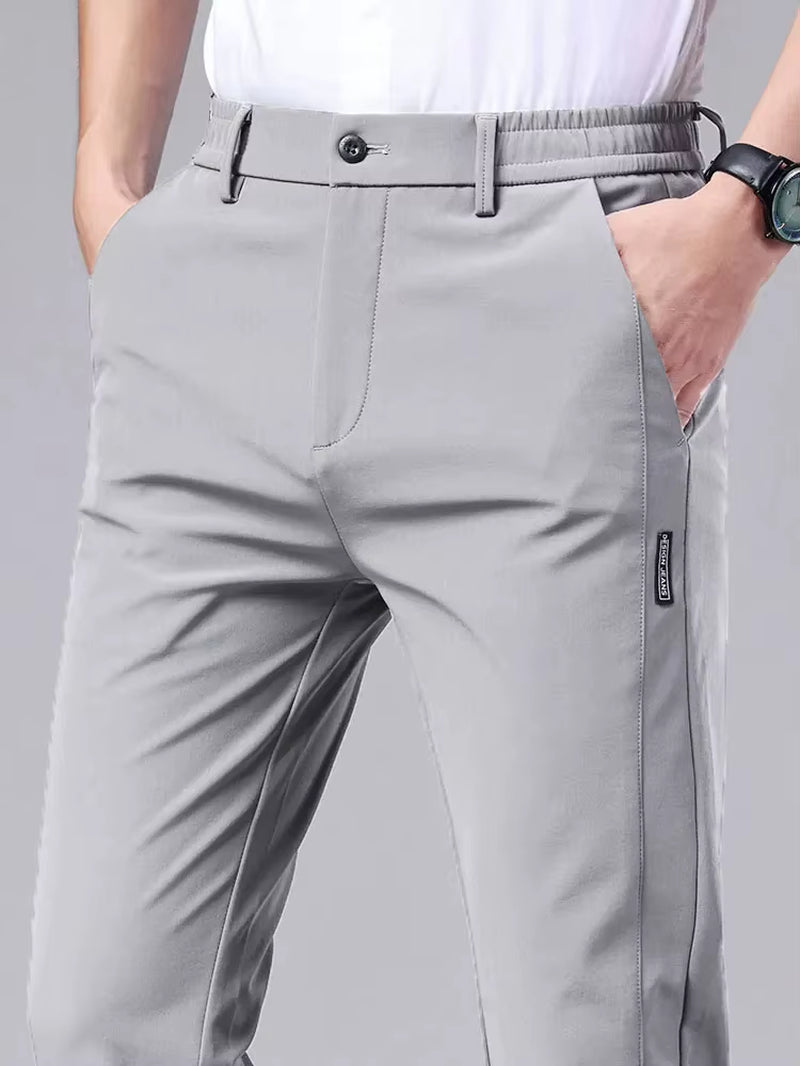 Men'S Casual Pants, Semi Elastic Waistband, Nylon Ice Silk Elastic Straight Tube, Light Gray, Business Gentleman, Summer Casual