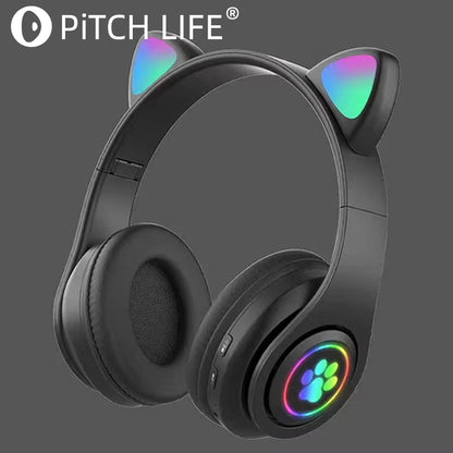 P91H,Cute Cat Ears BT Wireless Headphone Com Mic E Flash Light, Capacete De Música Estéreo LED, Fone De Ouvido Dobrável, Pres