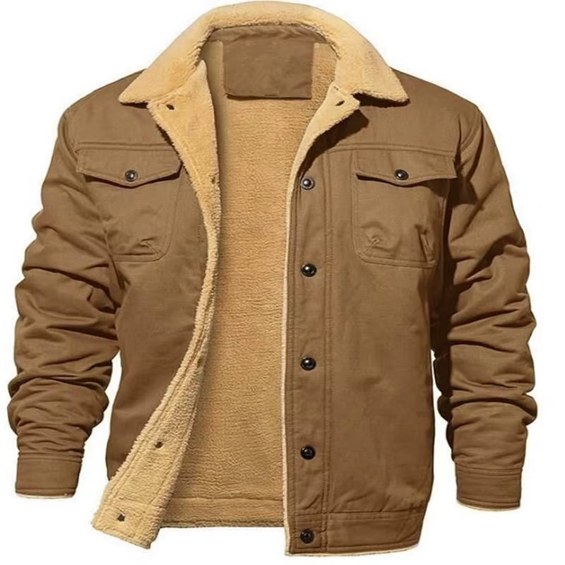 2025 New Men'S Winter Casual Fleece Jacket Solid Color Warm Non-Elastic Lapel Button Jacket Suitable for Daily Commuting Outdoor