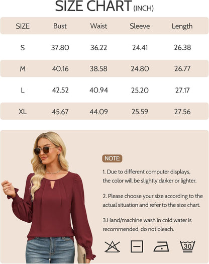 Womens Long Sleeve Tops Dressy Casual Keyhole Blouses Pleated Tops 2024 Trendy Basic Work Shirts