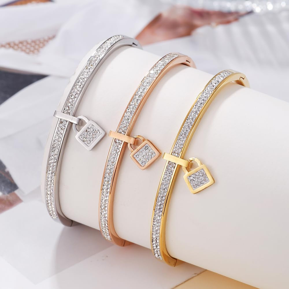 Gold Bangle for Women - 18K Gold Plated Stainless Steel Love Friendship Crystal Bracelets with Cubic Zirconia