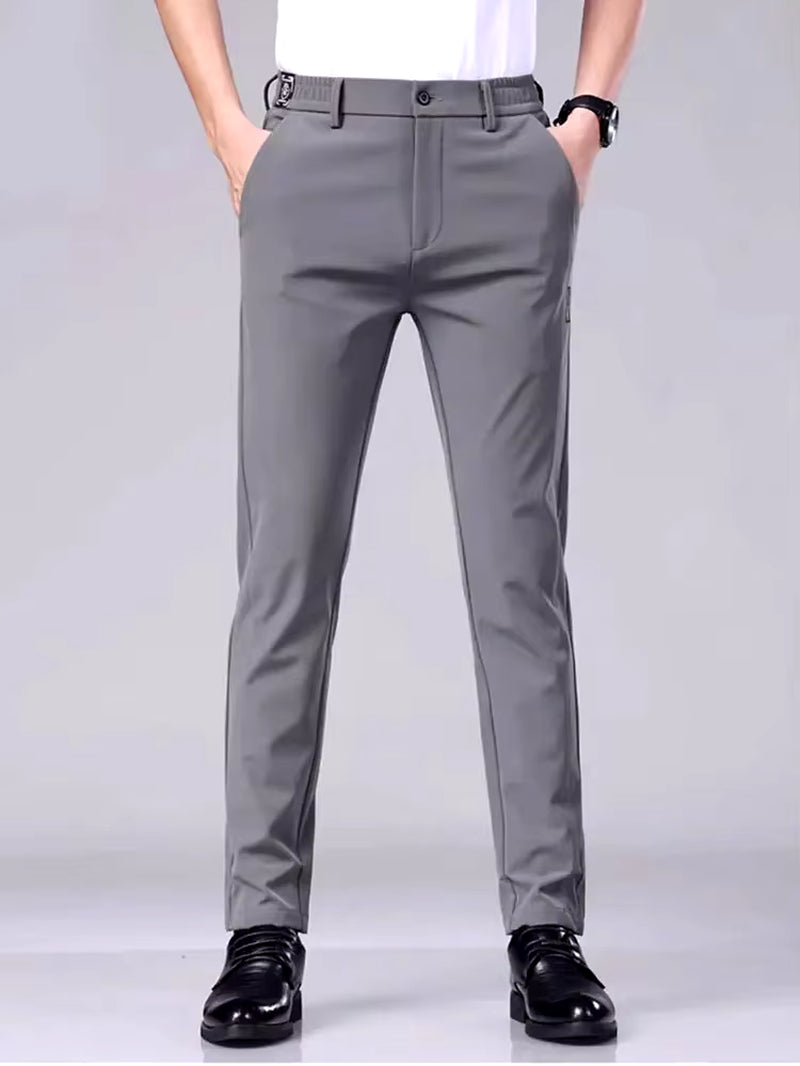 Men'S Casual Pants, Semi Elastic Waistband, Nylon Ice Silk Elastic Straight Tube, Light Gray, Business Gentleman, Summer Casual