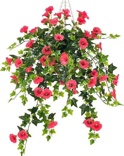 Artificial Petunias for Outdoors Uv Resistant Fake Petunias Plants Hanging Flower Patio Decor outside Basket Realistic Silk Petunias Plant for Window Decor (Rose Red 2Pcs)