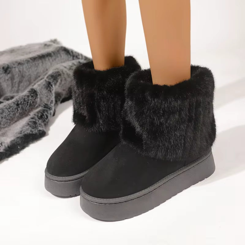 Shoes for Women Winter Slip on Women'S Boots Black round Toe Solid Flock Plush Warm Mid Heel Water Proof Casual Snow Boots Women