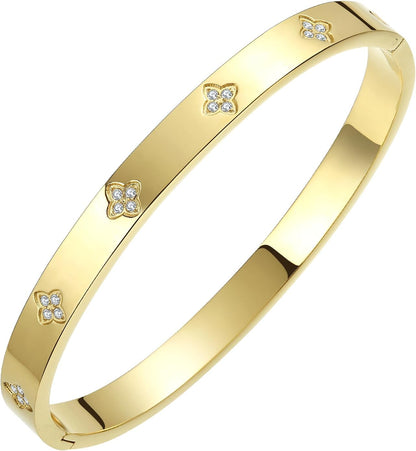 Gold Bangle Bracelets for Women Four Leaf Clover Lucky Love Cubic Zirconia Bracelet