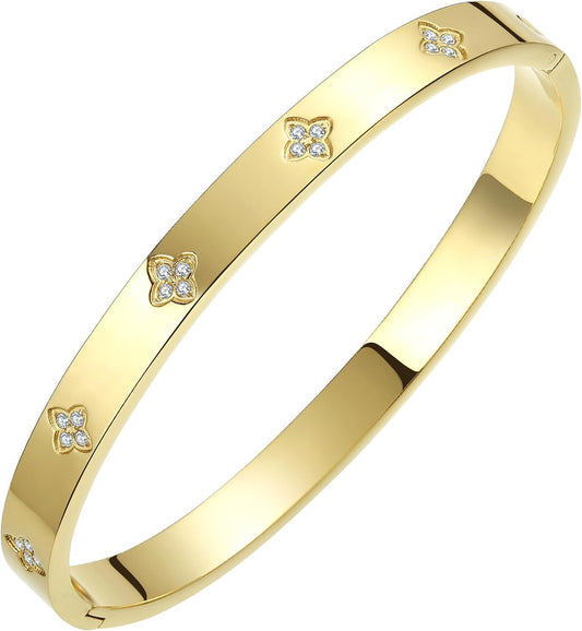 Gold Bangle Bracelets for Women Four Leaf Clover Lucky Love Cubic Zirconia Bracelet