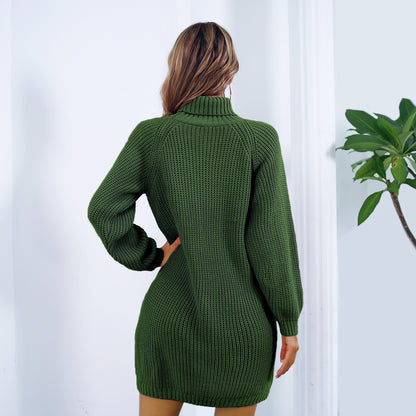 Winter Turtleneck Long Sweater Dress with Button Design Leisure Clinch Long Sleeve Base Sweater Women