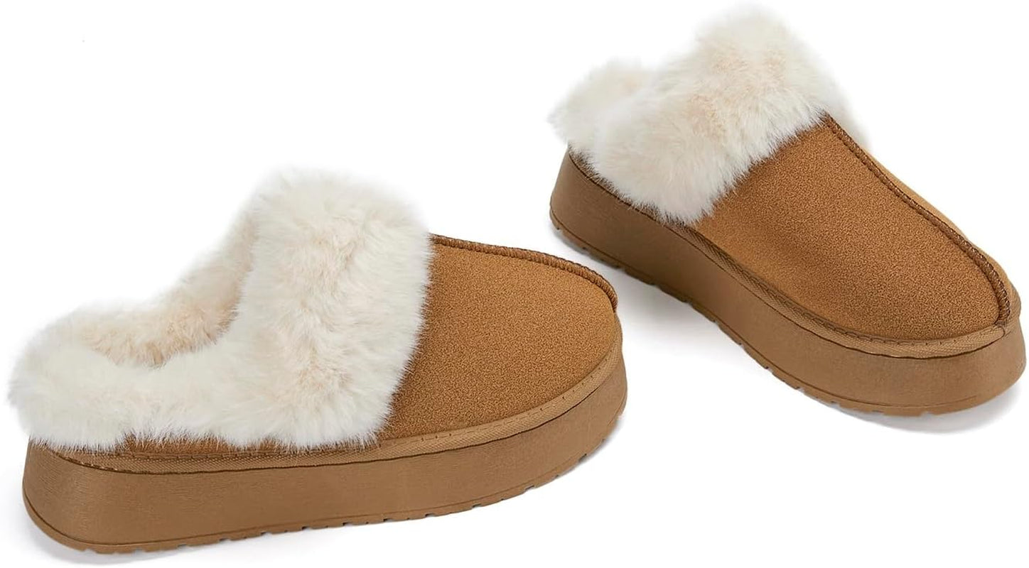 Women'S Fuzzy Platform Slippers for Women Fluffy Memory Foam Slippers Cozy Warm Slip on Slippers Indoor and Outdoor